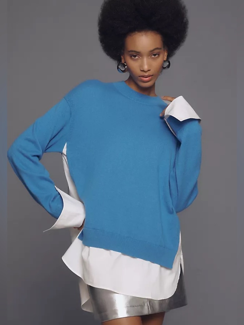 SIMON MILLER • Pip colorblock poplin knit combo pullover top - Small blue white